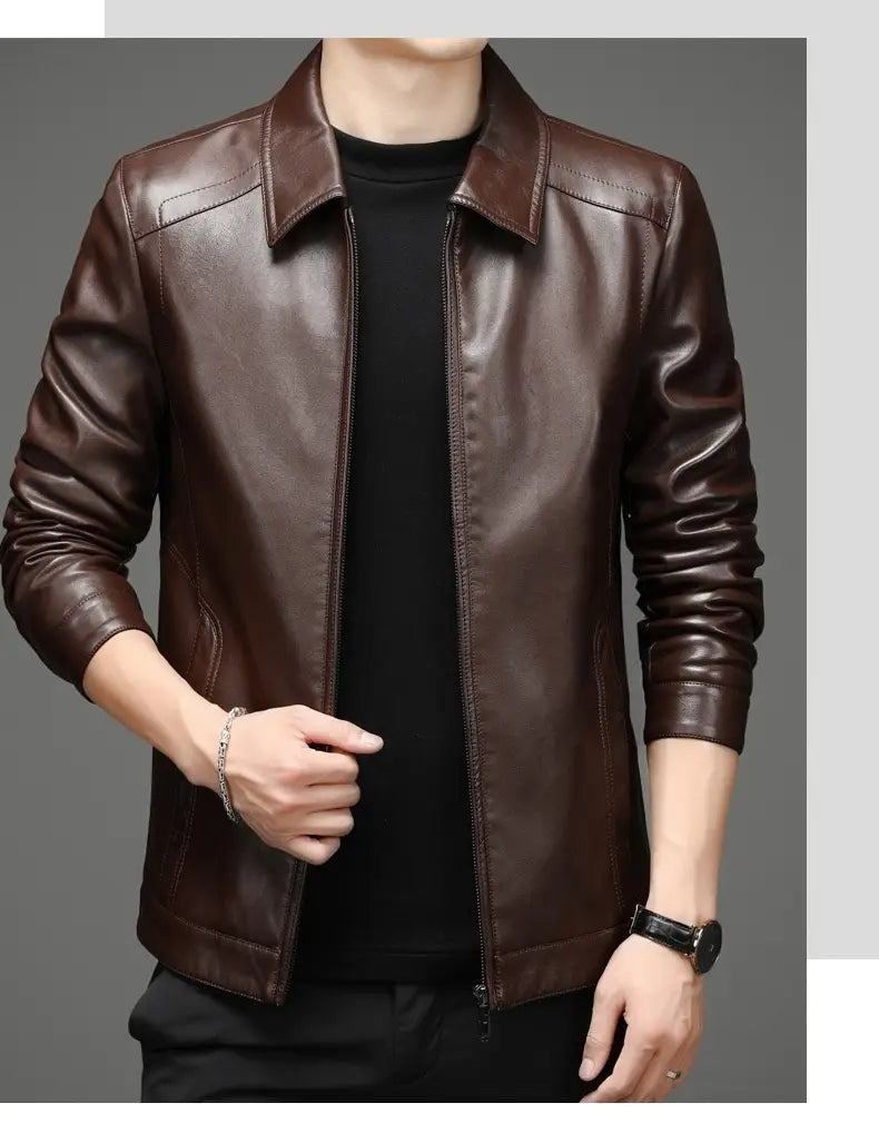 men’s brown sheepskin leather jacket with classic collar zipper front and thin fleece lining