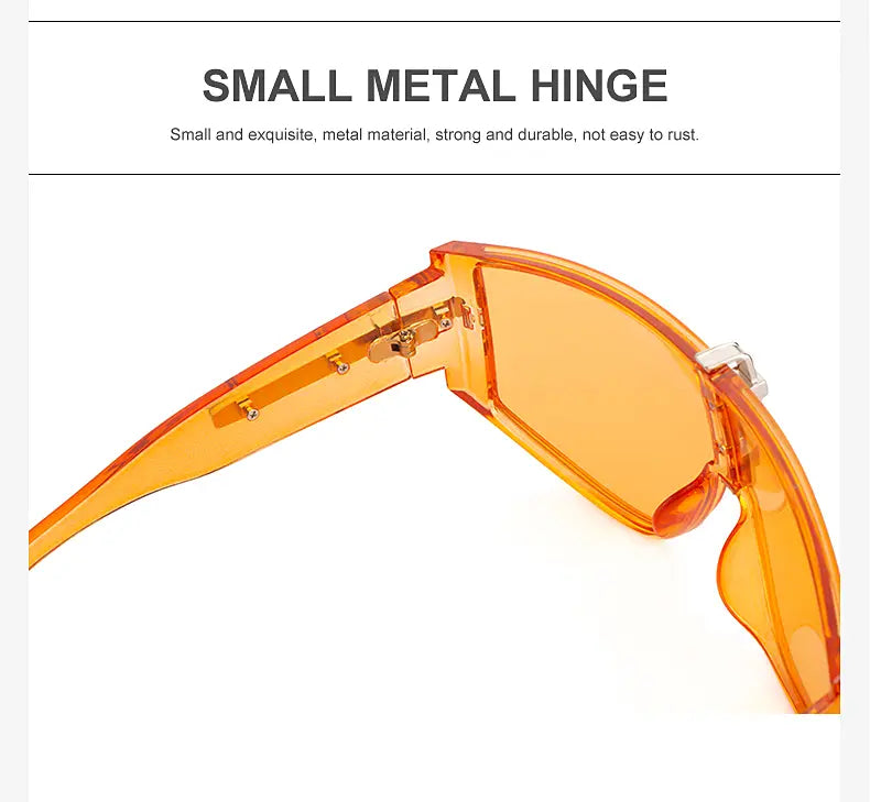 Vintage shield uv400 futuristic oversized sunglasses with an orange translucent plastic frame and a small metal hinge.