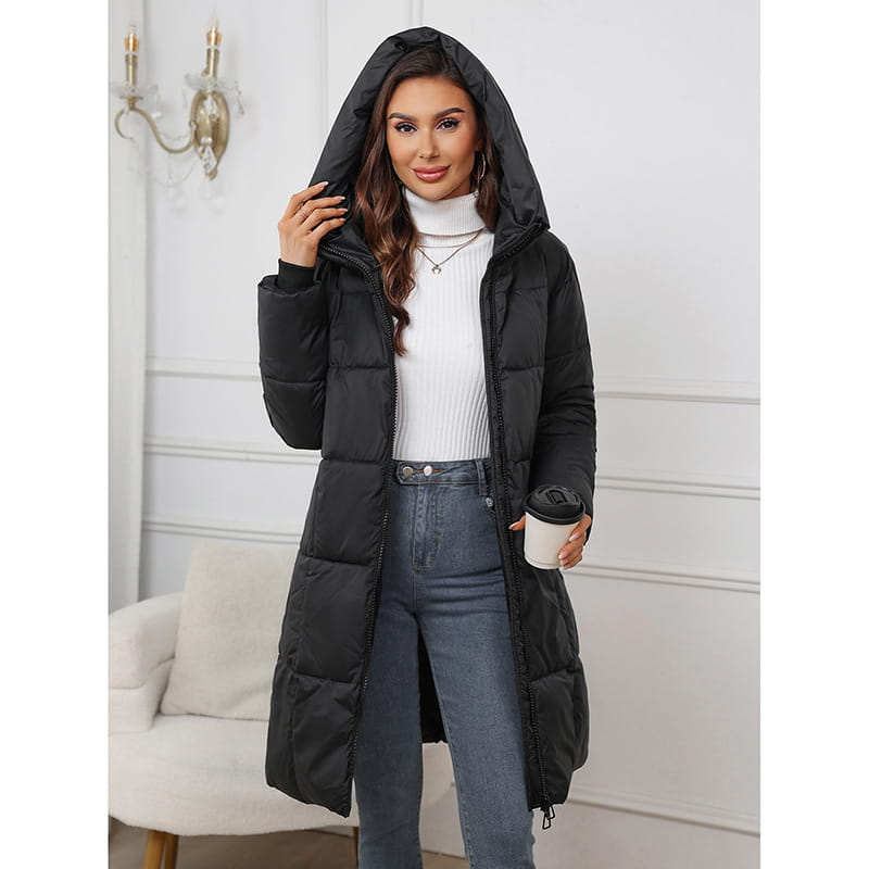 Black quilted cotton padded winter jacket for women with a hood, front zipper, and side pockets.