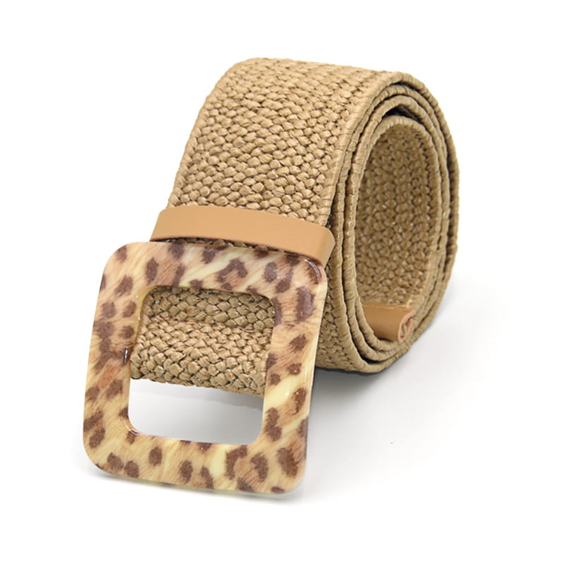 Beige woven elastic belt featuring a square leopard print buckle combining a stylish design with flexible comfort.