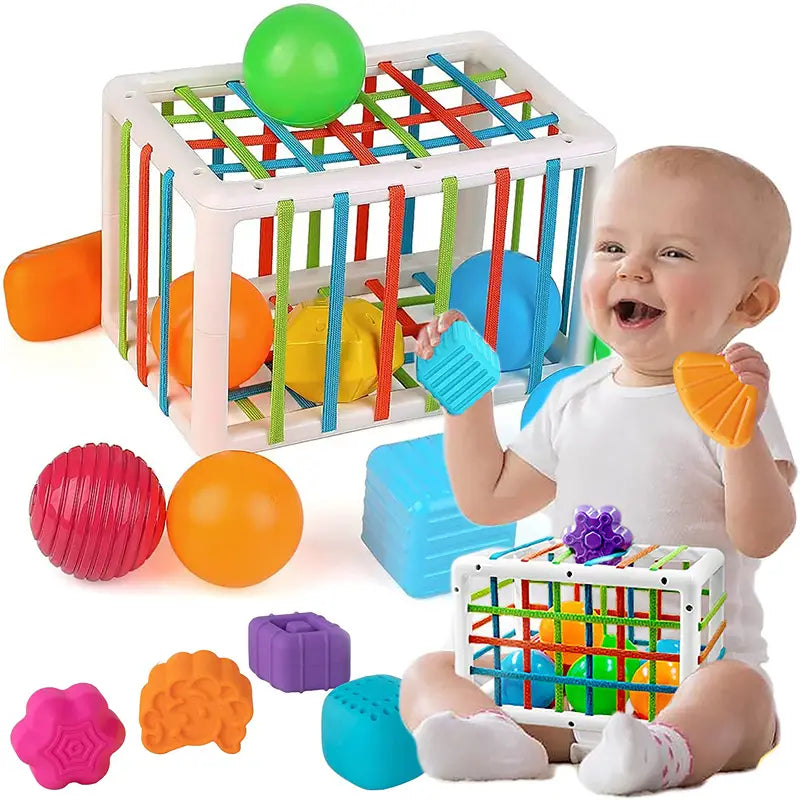 Jouet trieur de formes Montessori pour jeux sensoriels de bébé, comprenant un design coloré en plastique pour le tri des formes avec un cadre blanc et des barres multicolores.