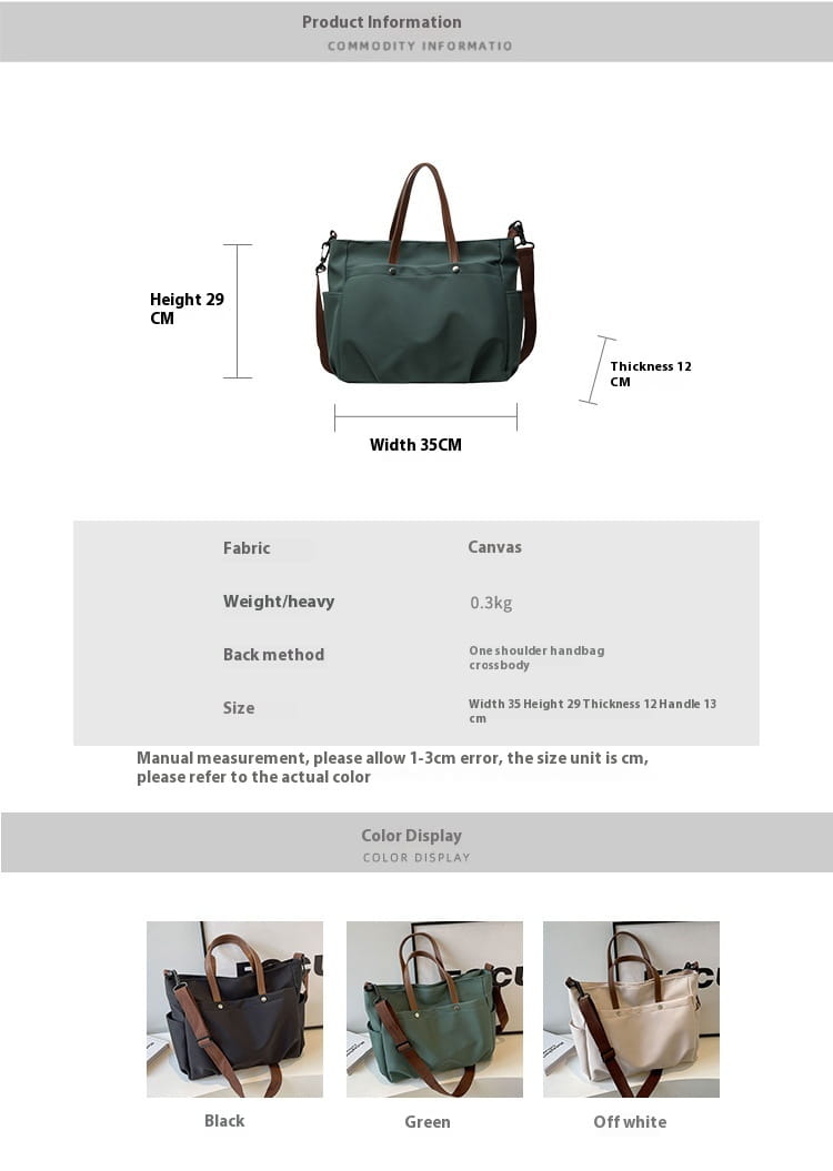 Dark green canvas tote bag with large capacity and brown leather handles and straps.