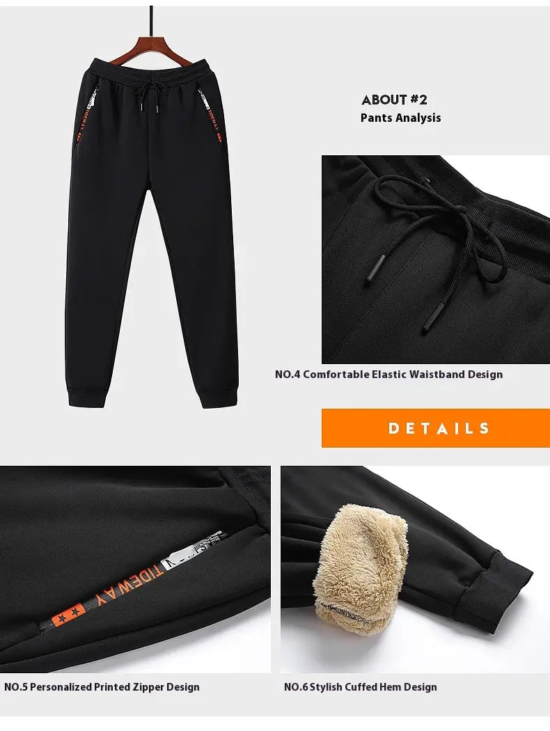 men fleece lined tracksuit set black jogger pants with comfortable elastic waistband personalized printed zipper on the side and plush fleece lining at the cuffs