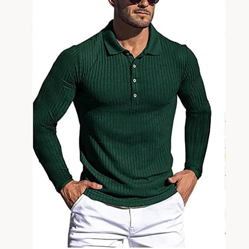Men’s slim fit dark green ribbed knit long sleeve polo shirt with classic collar and button placket.