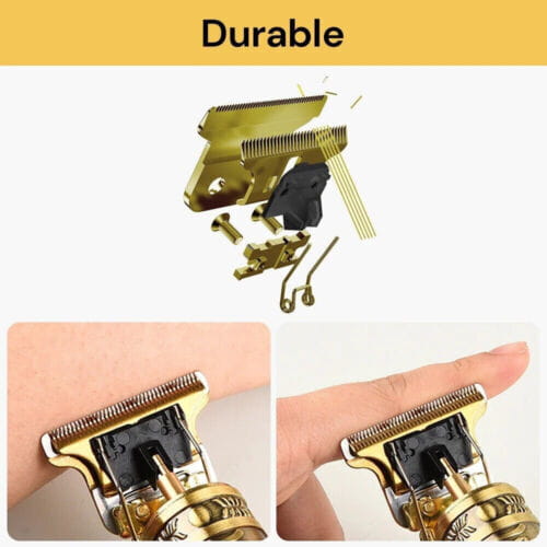 Professionelle kabellose Haarschneidemaschinen für den Bart in Gold, mit einem goldfarbenen elektrischen Trimmer mit schwarzem Kunststoffgehäuse und Metallklingen.
