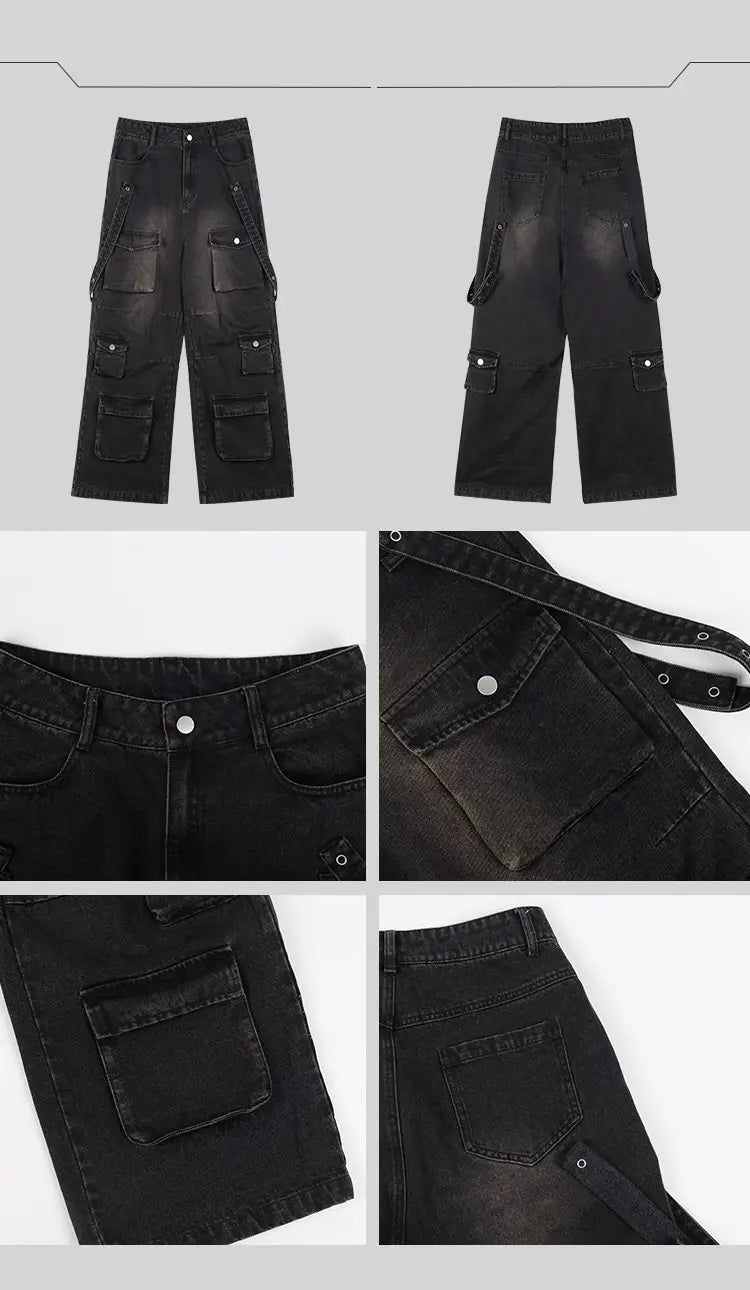 Men’s black distressed wide leg cargo jeans made of denim with multiple pockets and a slightly worn faded finish.
