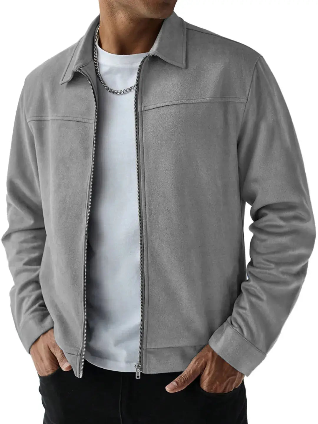 Men suede bomber jacket in gray featuring a collar and front zipper made of soft suede material.