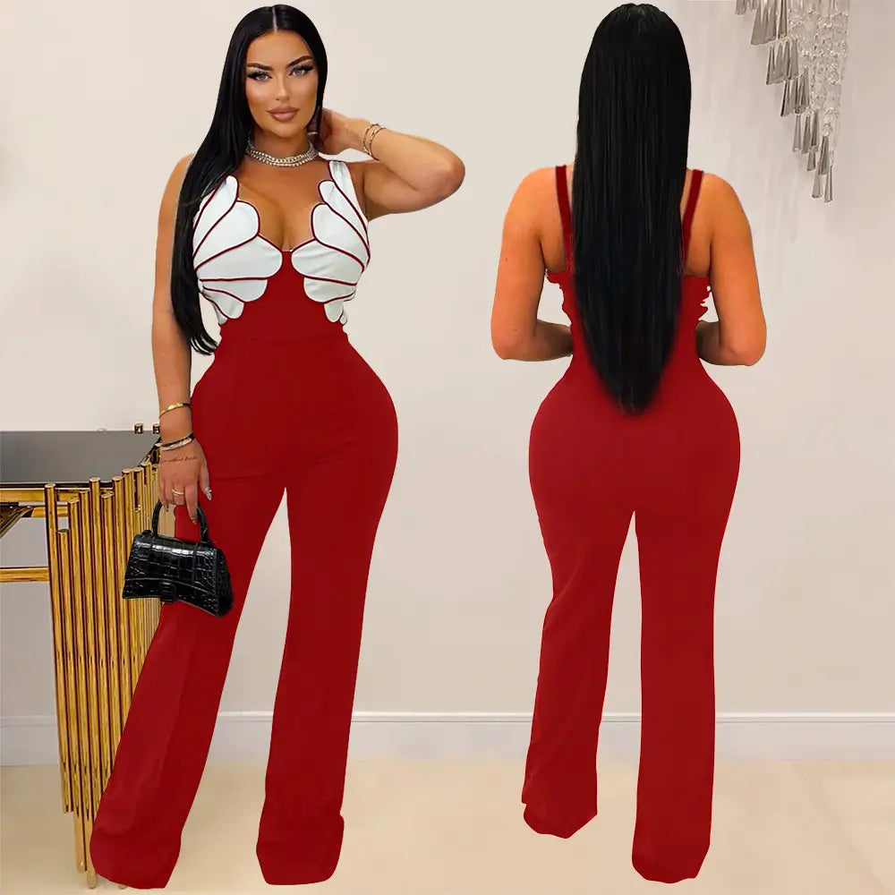 Red form-fitting jumpsuit featuring a white and red butterfly wing design on the top, emphasizing a slim fit silhouette.