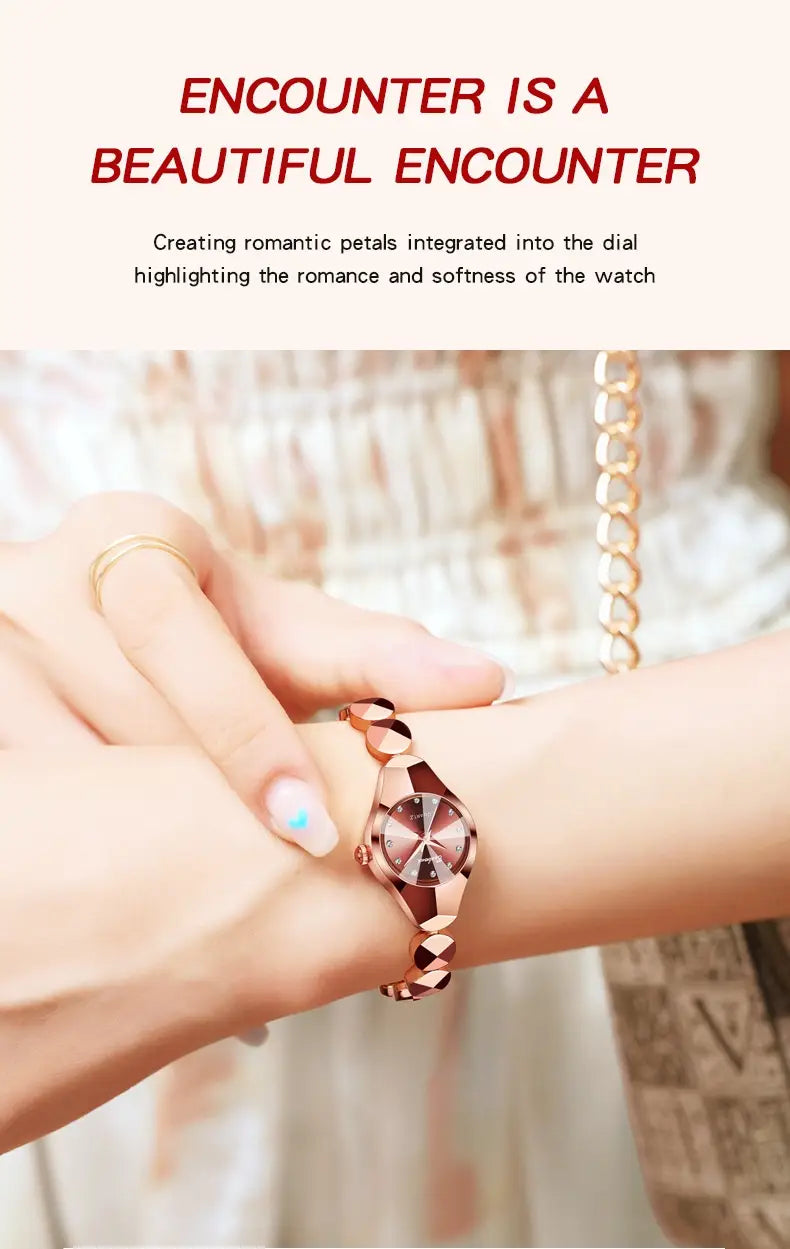 Rose gold-toned luxe geometric faceted bracelet watch with diamond accents and a dial featuring romantic petal motifs.