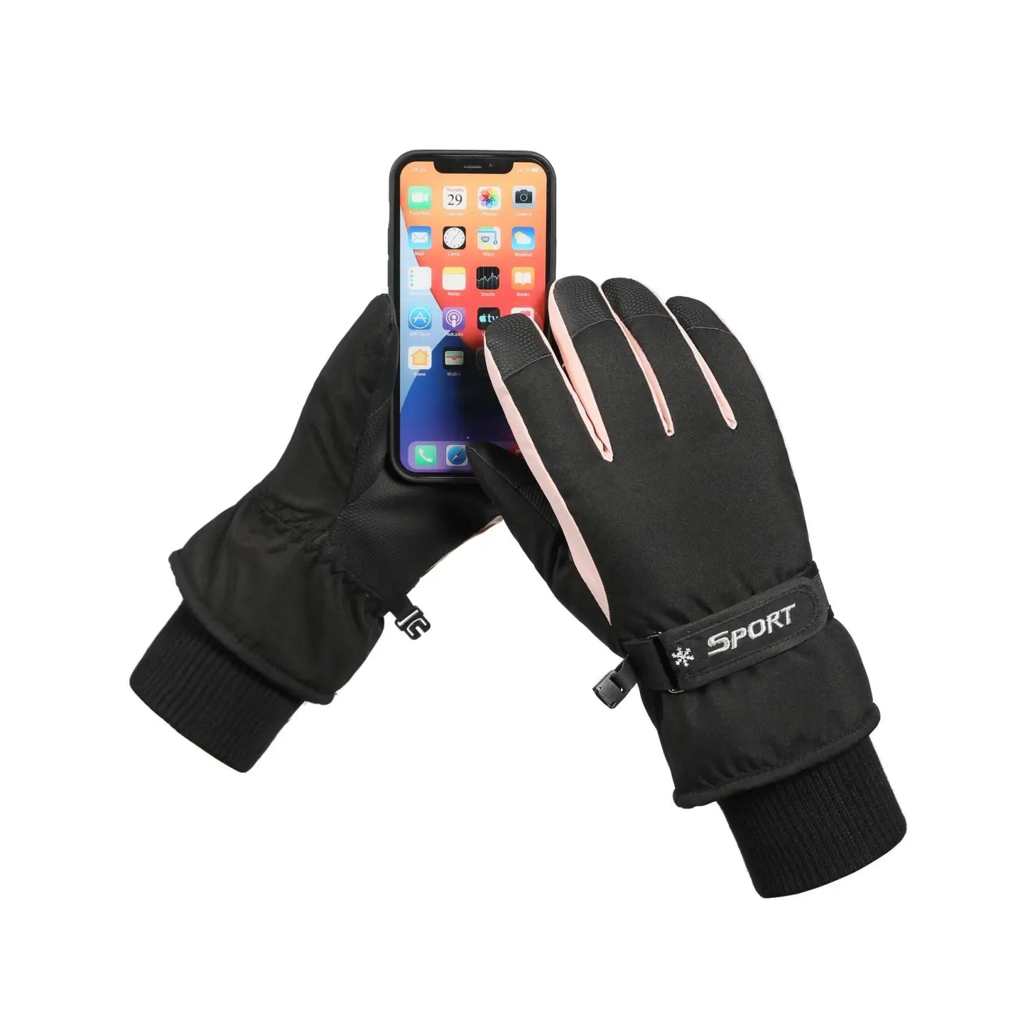 Black waterproof warm touchscreen winter cycling gloves with pink accent stitching and sport logo patch visible on the back side.