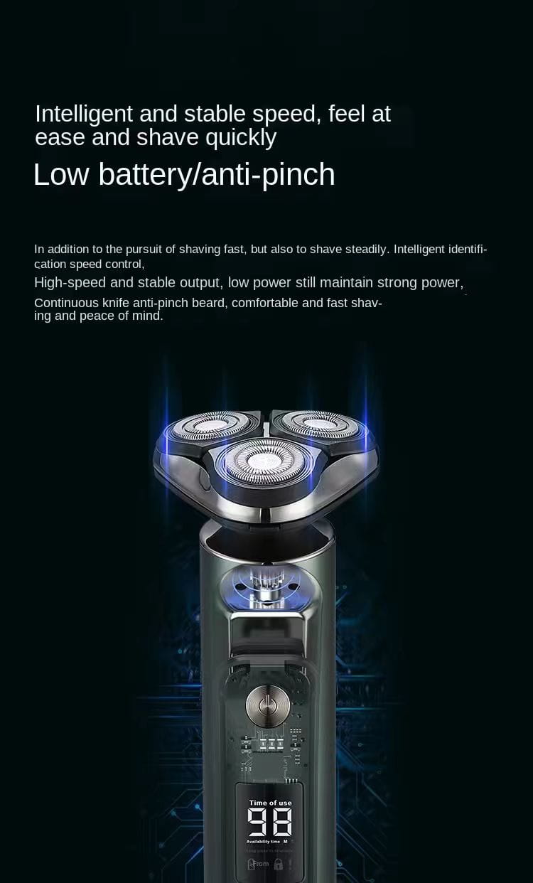 Rasoir électrique pour homme à triple tête, rasoir portable en argent et noir, avec trois têtes rotatives et un écran numérique indiquant l’autonomie de la batterie.