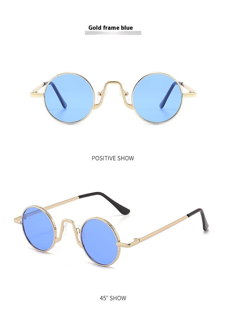Gold-framed retro round hip hop sunglasses with vibrant blue mirrored lenses.