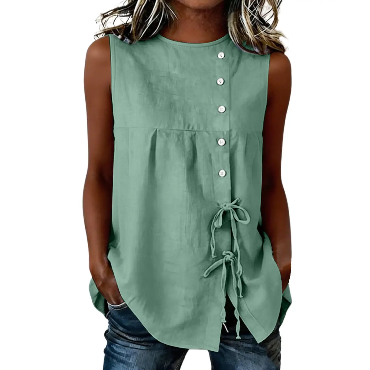A sage green sleeveless blouse with a button-down front and side tie details designed for a stylish and comfortable summer look.