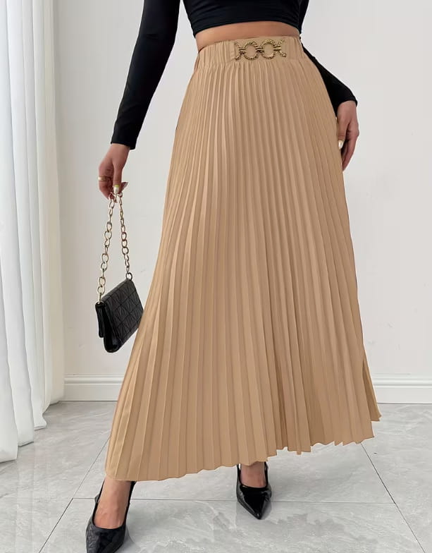 Beige pleated midi skirt with a gold-toned ornate interlocking belt buckle high-waisted a-line design.