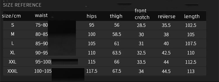Size reference chart for tactical military combat pants for men showing garment measurements in centimeters across sizes S through XXXL.