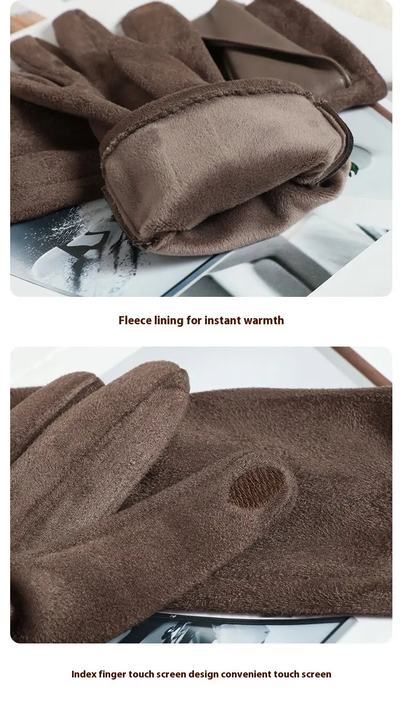 Brown touchscreen fleece lined bow gloves with a soft plush exterior and an index finger designed for touchscreen use.