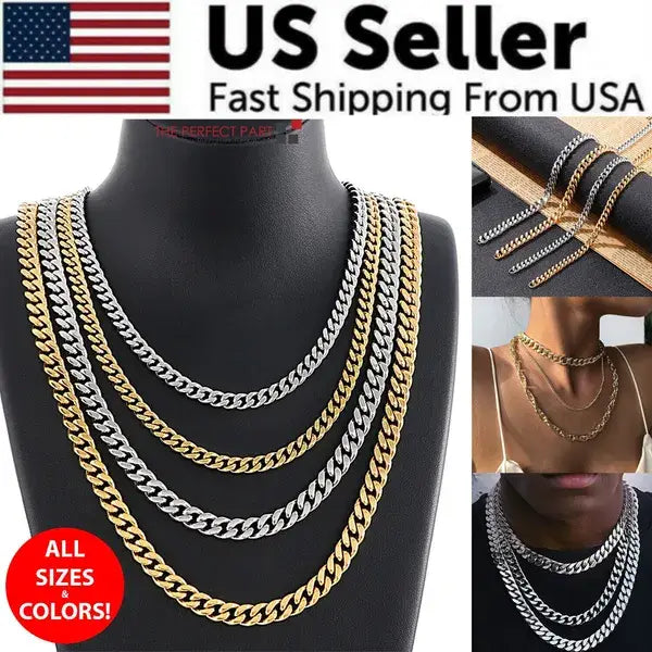 Unisex 18k gold plated stainless steel Cuban link necklaces in silver and gold colors displayed on a mannequin.