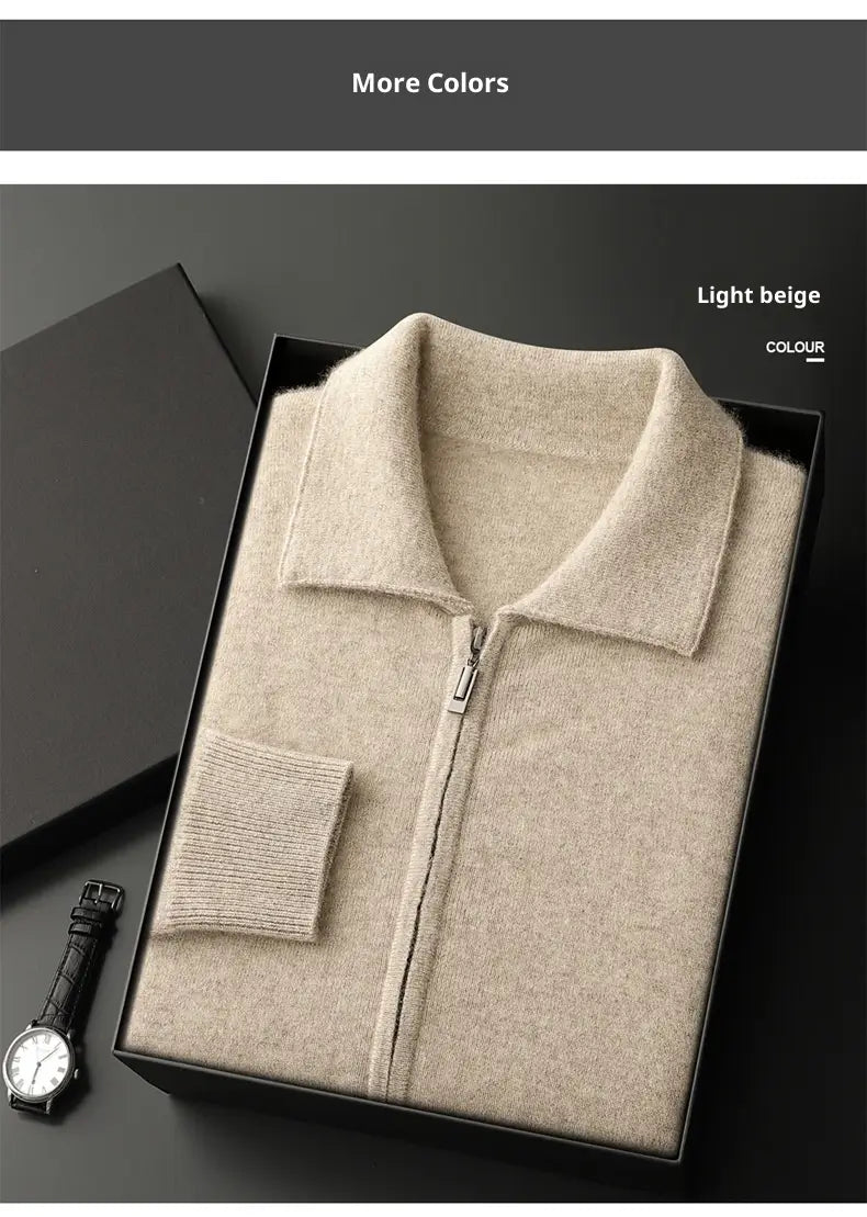 Men solid color warm knitted cardigan zip jacket in light beige featuring a soft textured knit with a ribbed collar and cuffs.