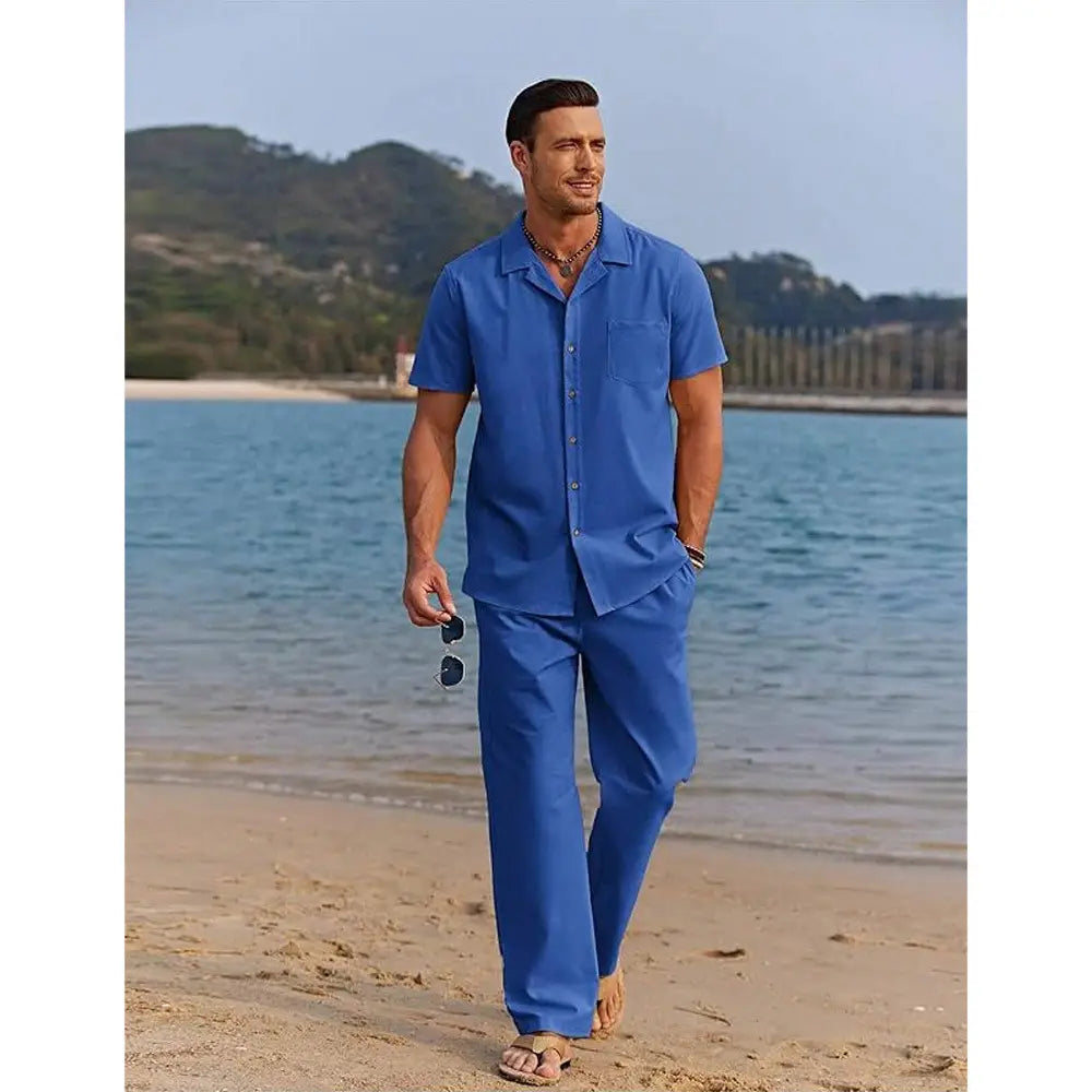 Men short sleeve shirt and trousers set featuring a blue short-sleeved button-up shirt with a chest pocket.