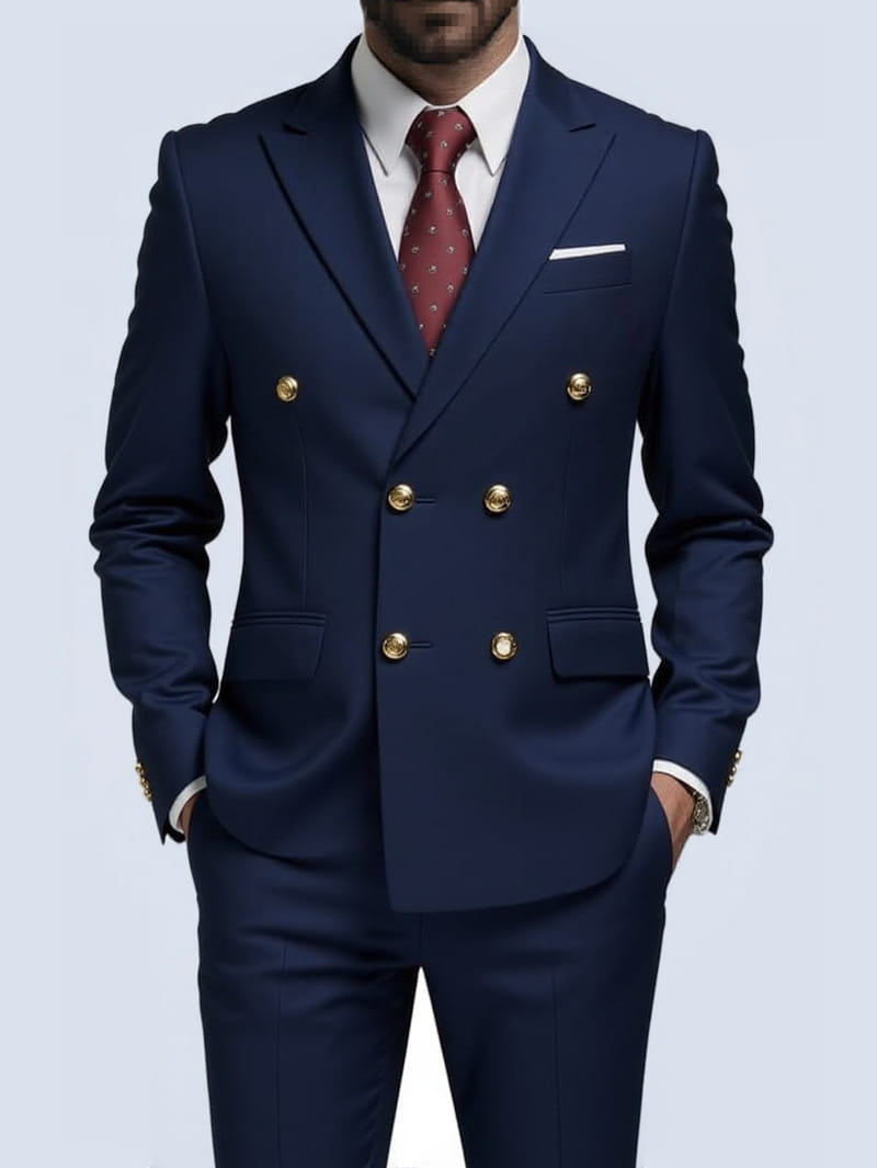 Costume homme non repassable bleu marine à double boutonnage avec boutons dorés, présenté sur fond uni.