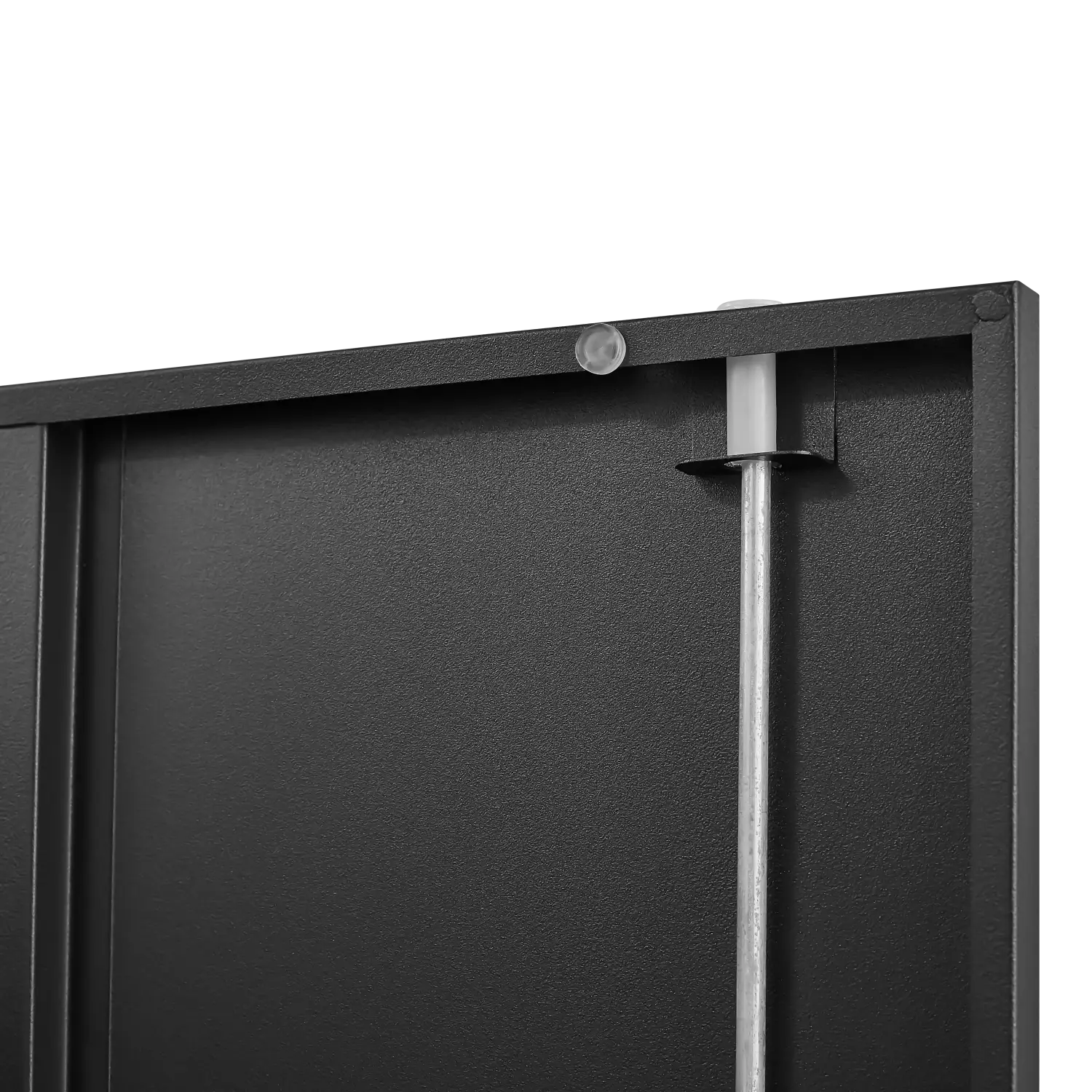 black textured metal frame with a vertical silver rod and circular fastener on the back side of a 70 inch steel locking file cabinet with 4 shelves
