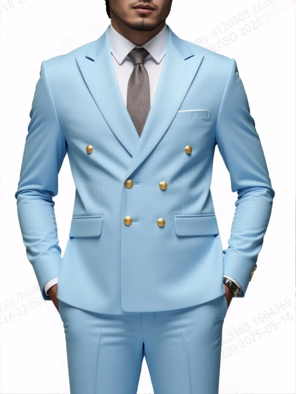 Costume homme non repassable bleu clair à double boutonnage avec boutons dorés, présenté de face.