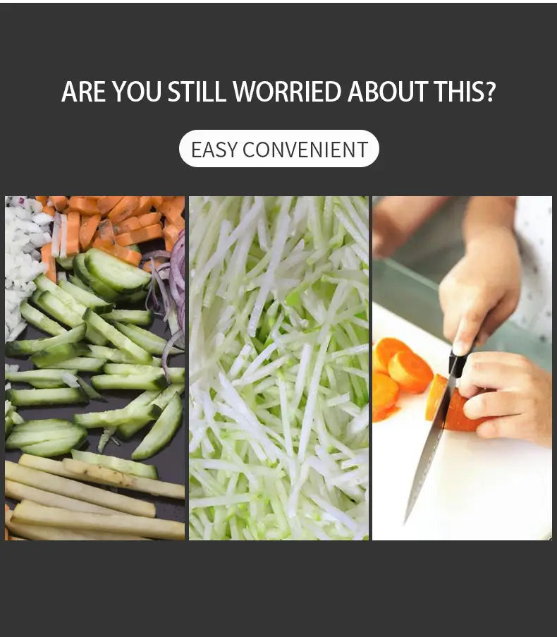 A sleek black-handled kitchen knife with a sharp metallic blade slicing orange carrots on a white cutting board for use with a vegetable slicer mandoline grater with blades.