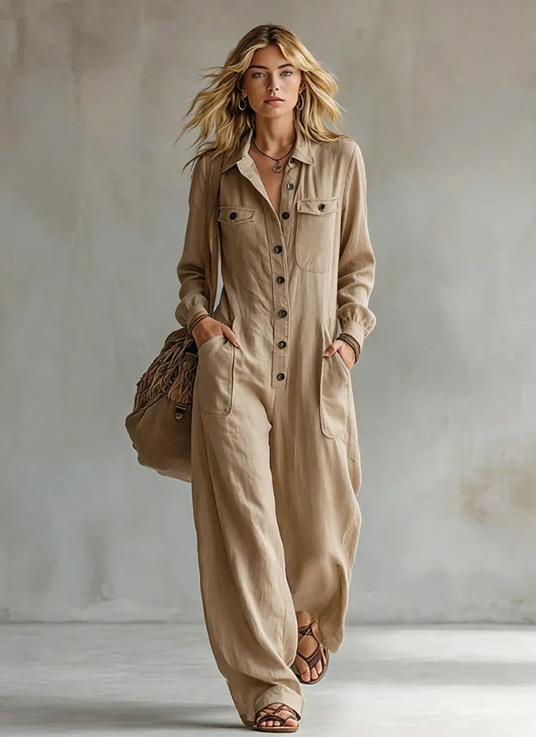 Beiger Leinen-Casual-Jumpsuit mit langen Ärmeln, Knopfleistendetails vorn und aufgesetzten Taschen, geeignet für die Arbeitskleidung.