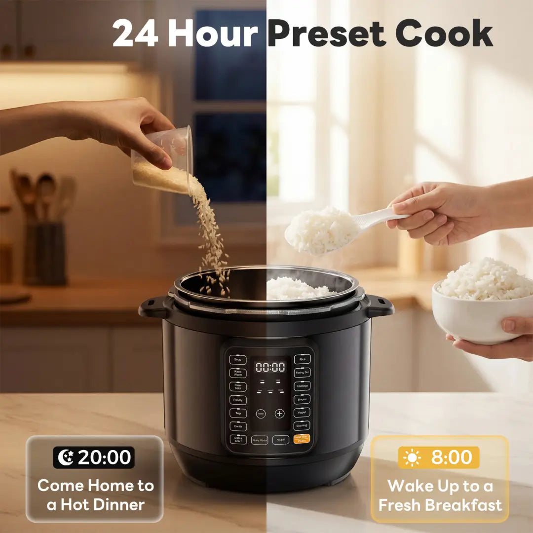 Black electric pressure cooker with digital control panel and dual cooking presets designed as a multi cooker available in 6qt and 8qt sizes.