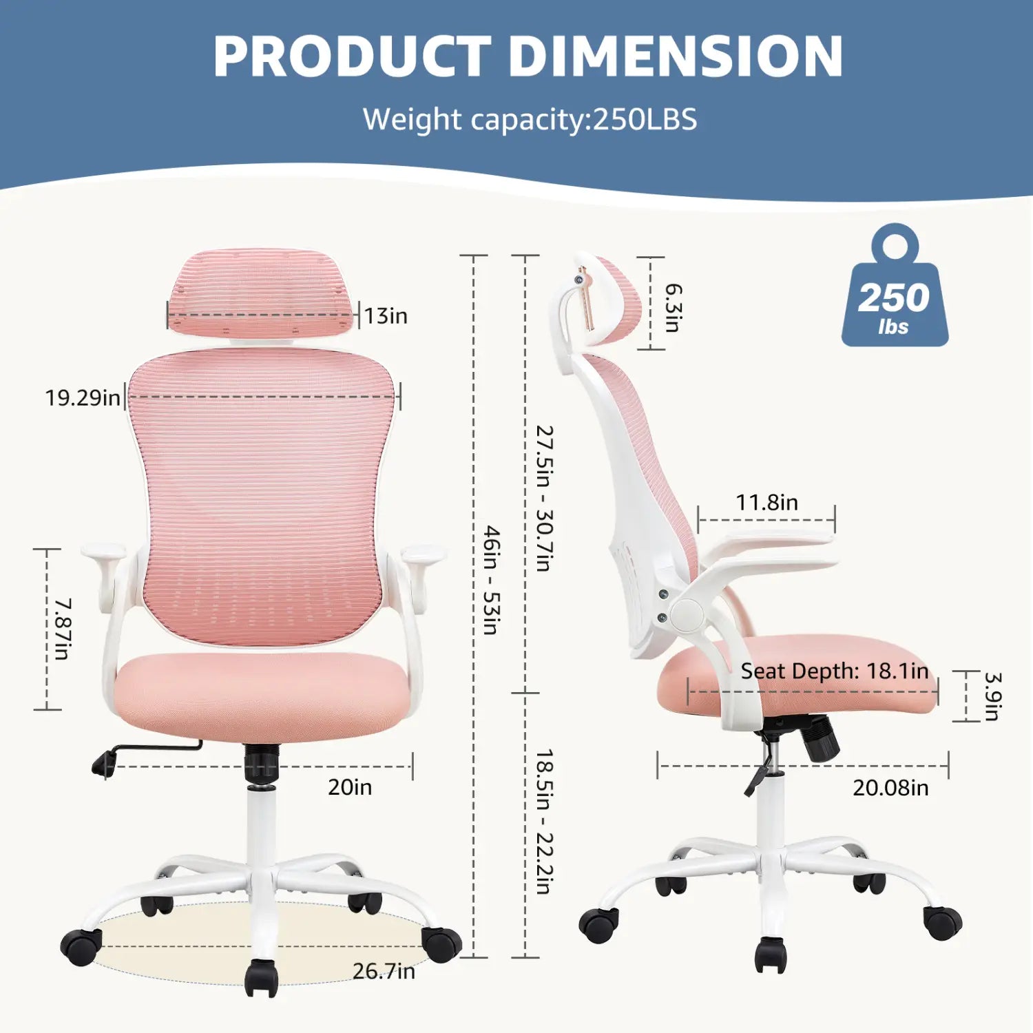 Chaise de bureau ergonomique en maille avec accoudoirs relevables, comprenant un siège et un dossier en maille rose, un cadre en plastique blanc et des éléments réglables pour un usage bureautique.