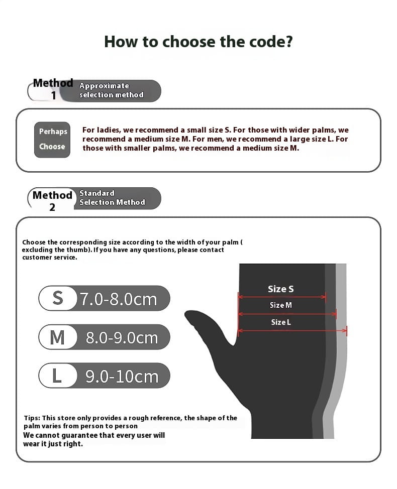 A guide for selecting the right size of black nitrile disposable gloves 100 pack based on palm width with hand illustration showing small 7.0 to 8.0 cm medium 8.0 to 9.0 cm and large 9.0 to 10 cm sizes.