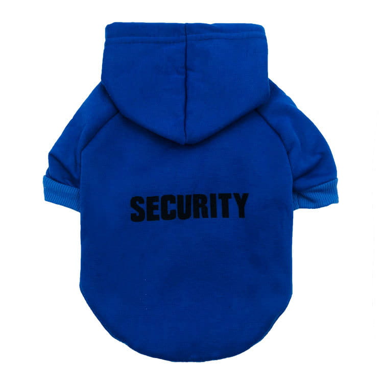Back side of a royal blue fleece security pet hoodie with black security lettering across the back designed as a dog sweatshirt.