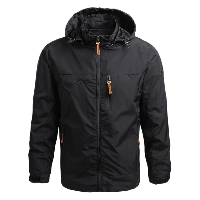 Herren-Wasserdichte Bergsteiger-Softshelljacke in schwarzem wasserfestem Material mit einer Kapuze, hellbraunen Reißverschluss-Zuglaschen und dezenter Brustmarkierung.