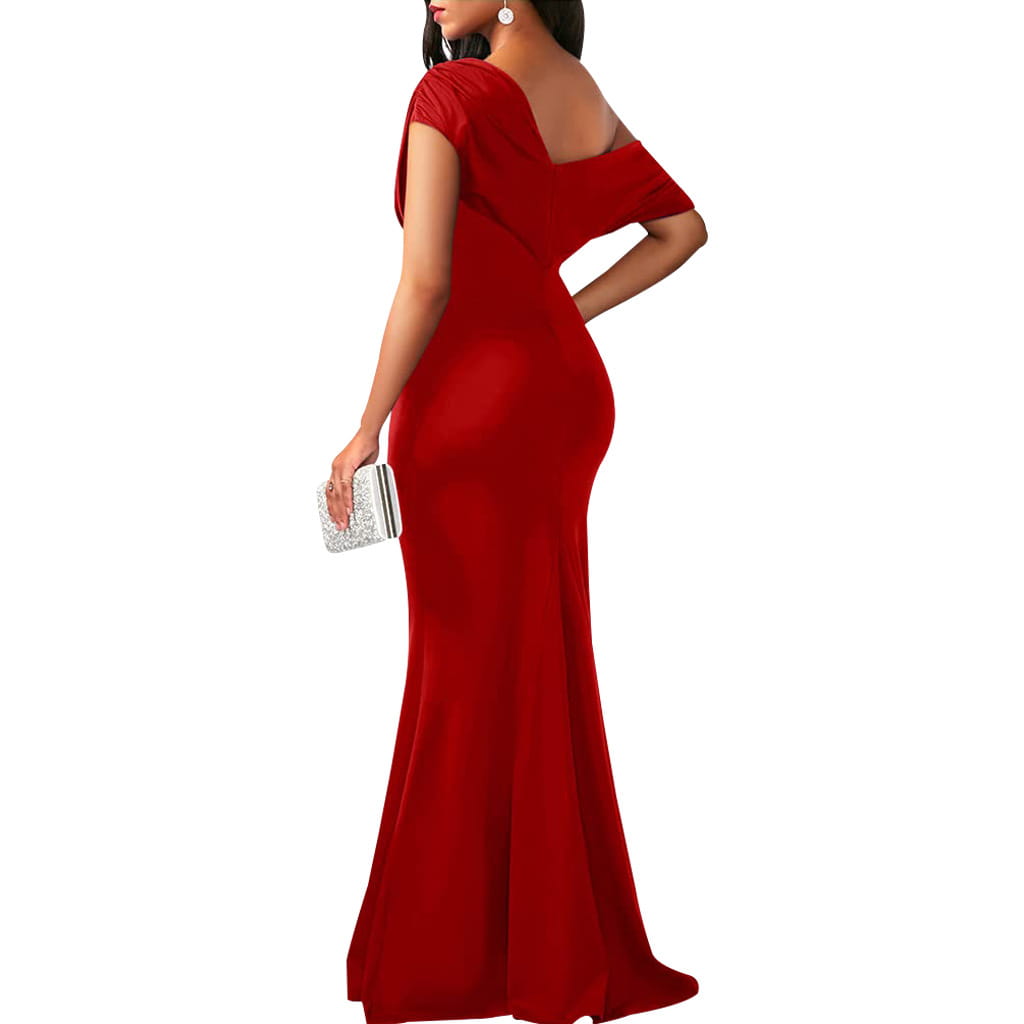 A sleek vibrant red off the shoulder mermaid evening gown with a fitted silhouette short sleeves and a draped bodice.