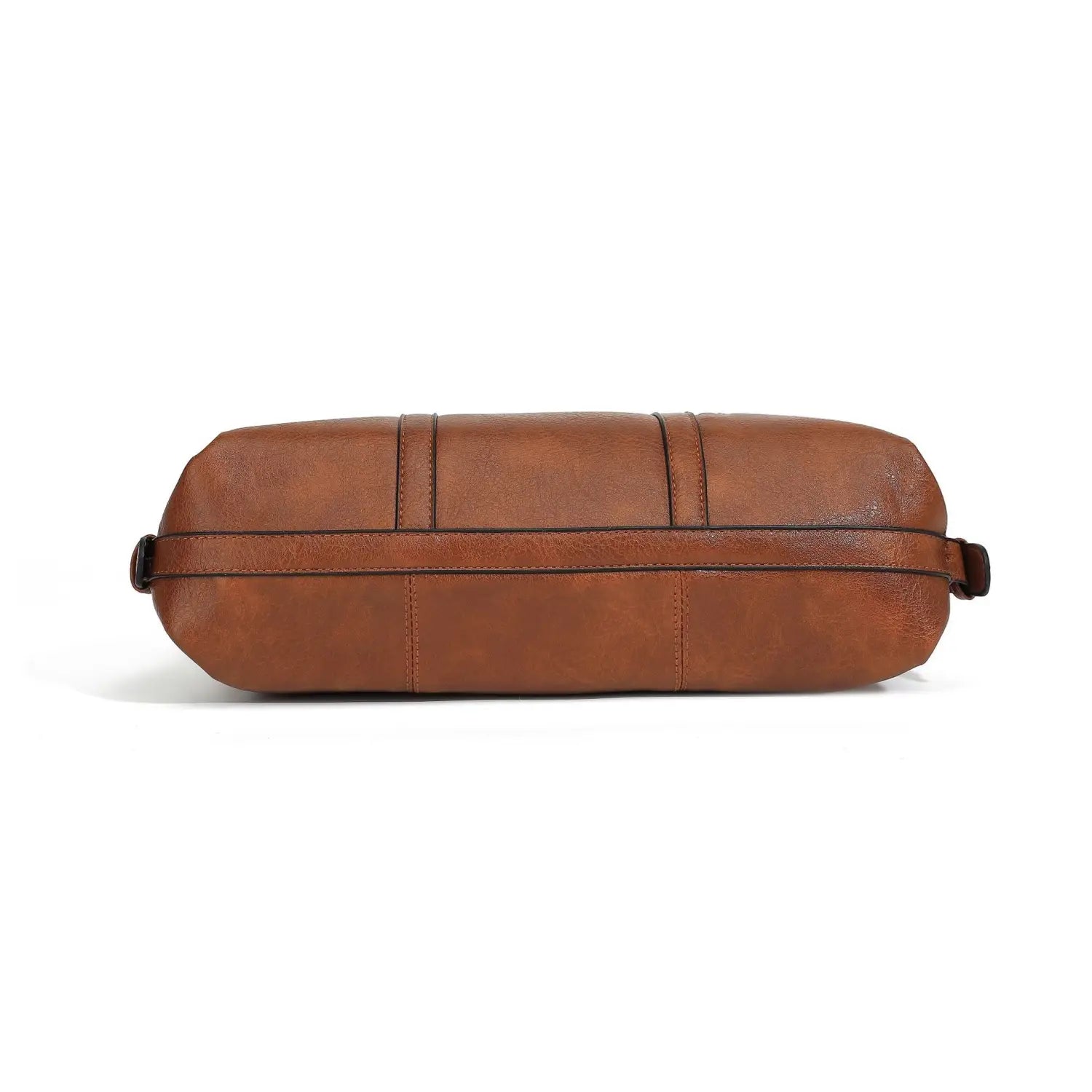 A tan leather large capacity tote bag with shoulder strap featuring a sleek minimalist design and contrasting black stitching along its seams.