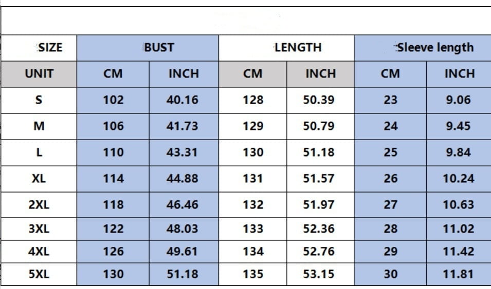 Size chart for artistic printed loose linen maxi dress for women showing measurements in centimeters and inches from size s to 5xl.
