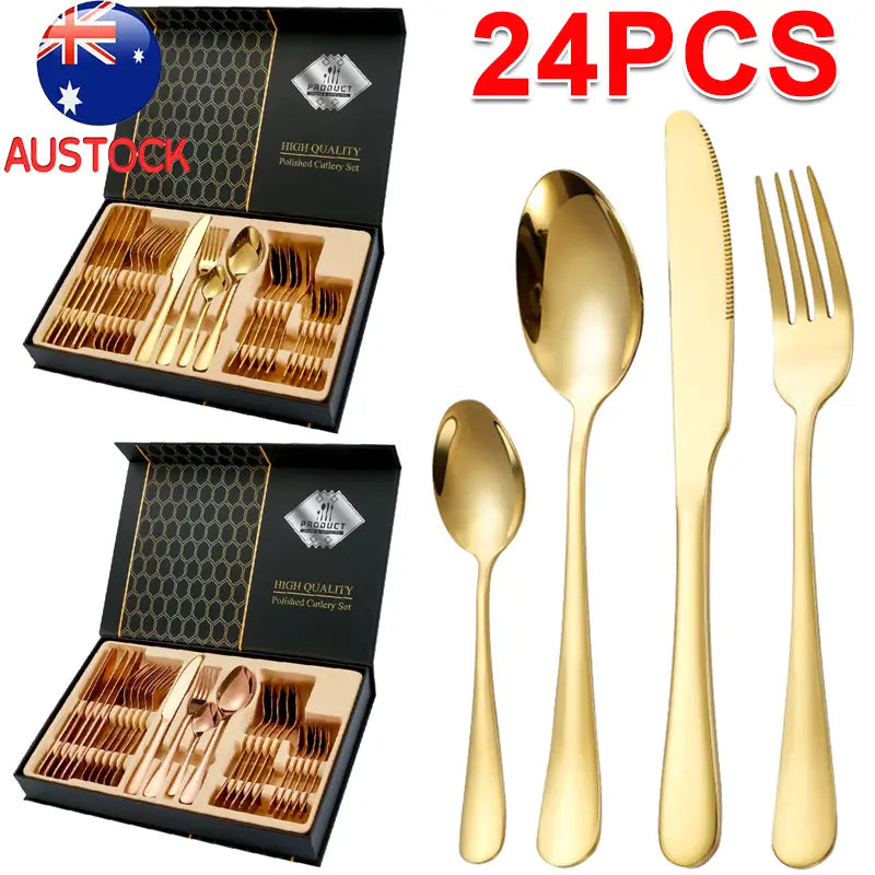 Rose gold stainless steel 24-piece polished cutlery set with gold finish displayed in an elegant black gift box.