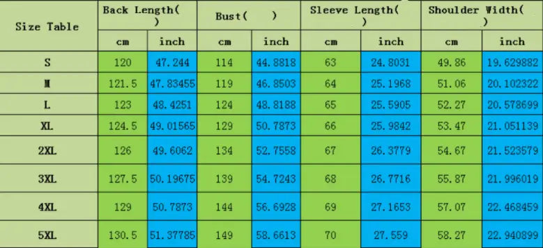 Size chart table in green and blue showing measurements in centimeters and inches for men slim leather trench coat sizes s through 5xl.