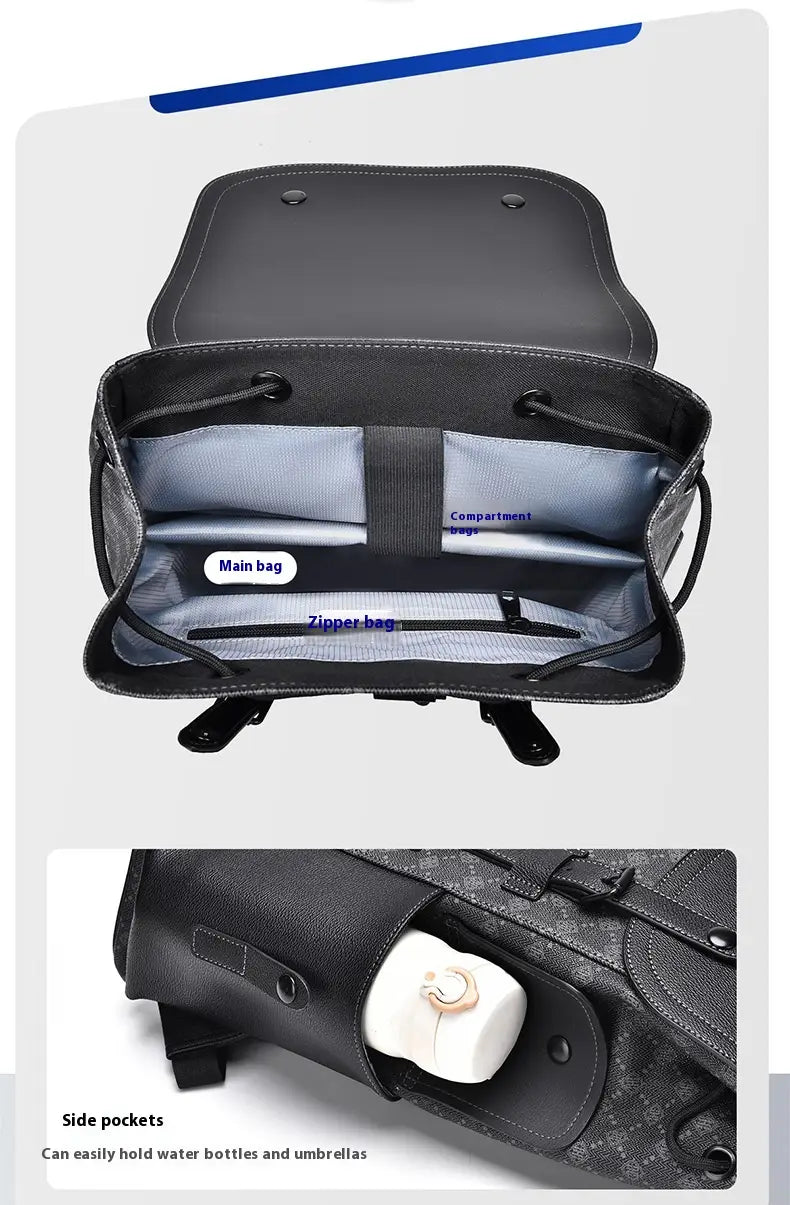 Black leather men’s business travel backpack with textured shoulder bag design featuring internal compartments and side pockets.