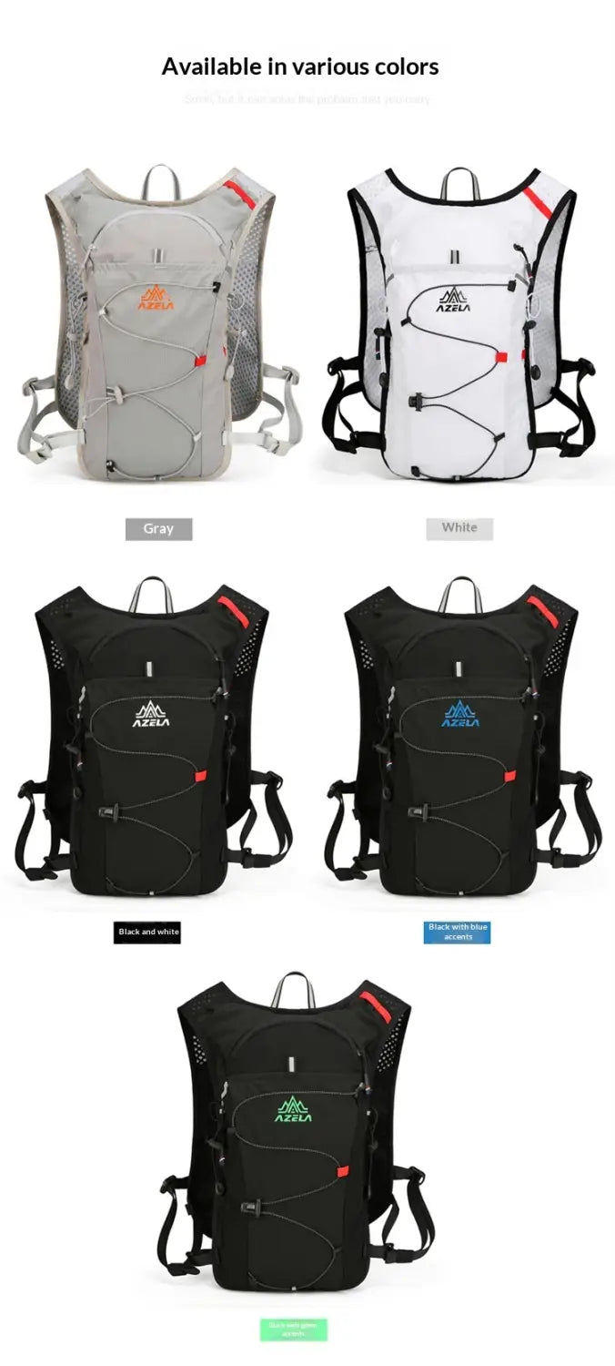 The azza brand hydration backpack lightweight running vest 20l is shown from the back in dark navy with a breathable mesh design for enhanced ventilation.