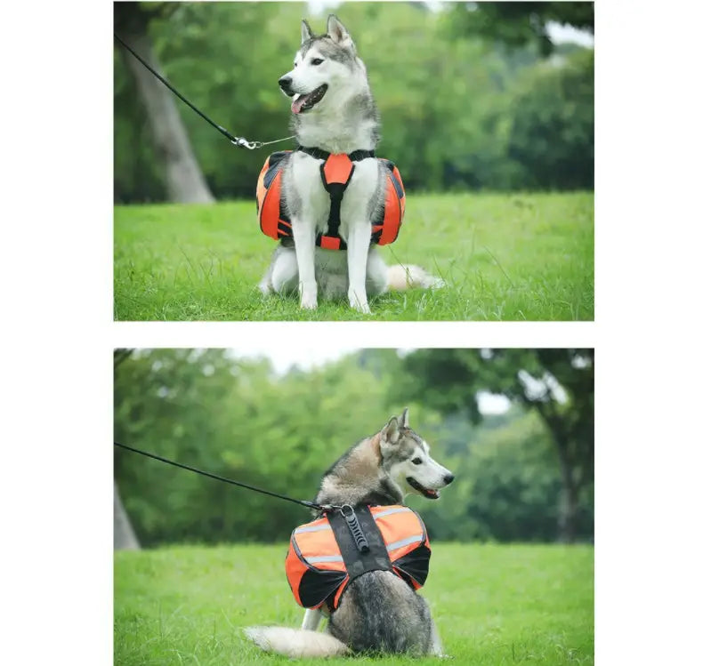 orange and black dog backpack made of oxford cloth with reflective stripes shown from the back side, adjustable for pet hiking use