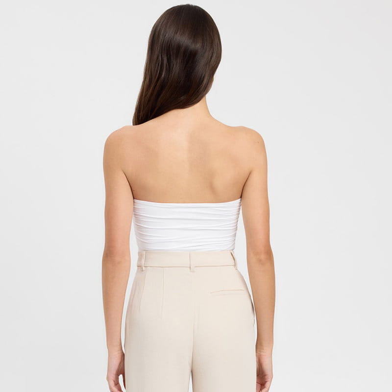White ruched strapless keyhole crop top made of lightweight fabric perfect for casual summer wear