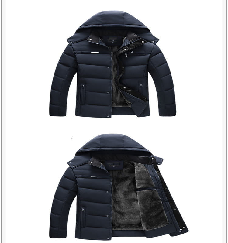 Men’s slim fit quilted black winter jacket with hood and plush dark gray faux fur fleece lining.