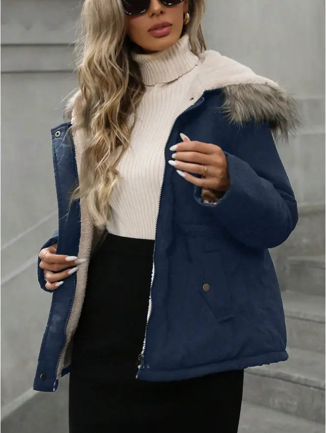 Navy blue winter parka with a plush faux fur-lined hood and beige shearling interior designed for cold weather.