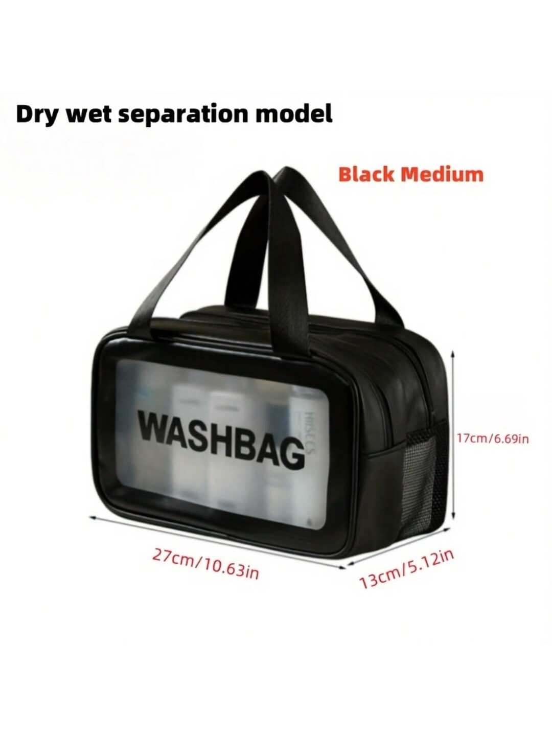 Schwarze Reisekosmetiktasche mit Trennung von trocken und nass, transparentem Frontpanel und seitlicher Mesh-Tasche zur geordneten Aufbewahrung der Waschartikel.