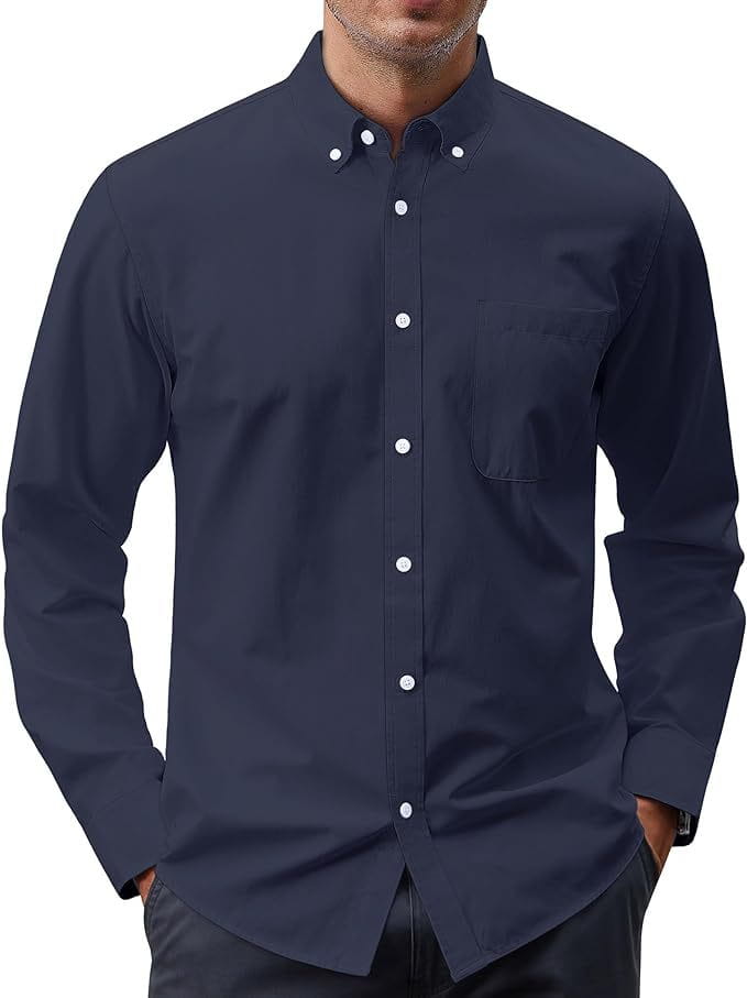 Men’s long sleeve oxford button down shirt in navy blue with white buttons and a chest pocket.