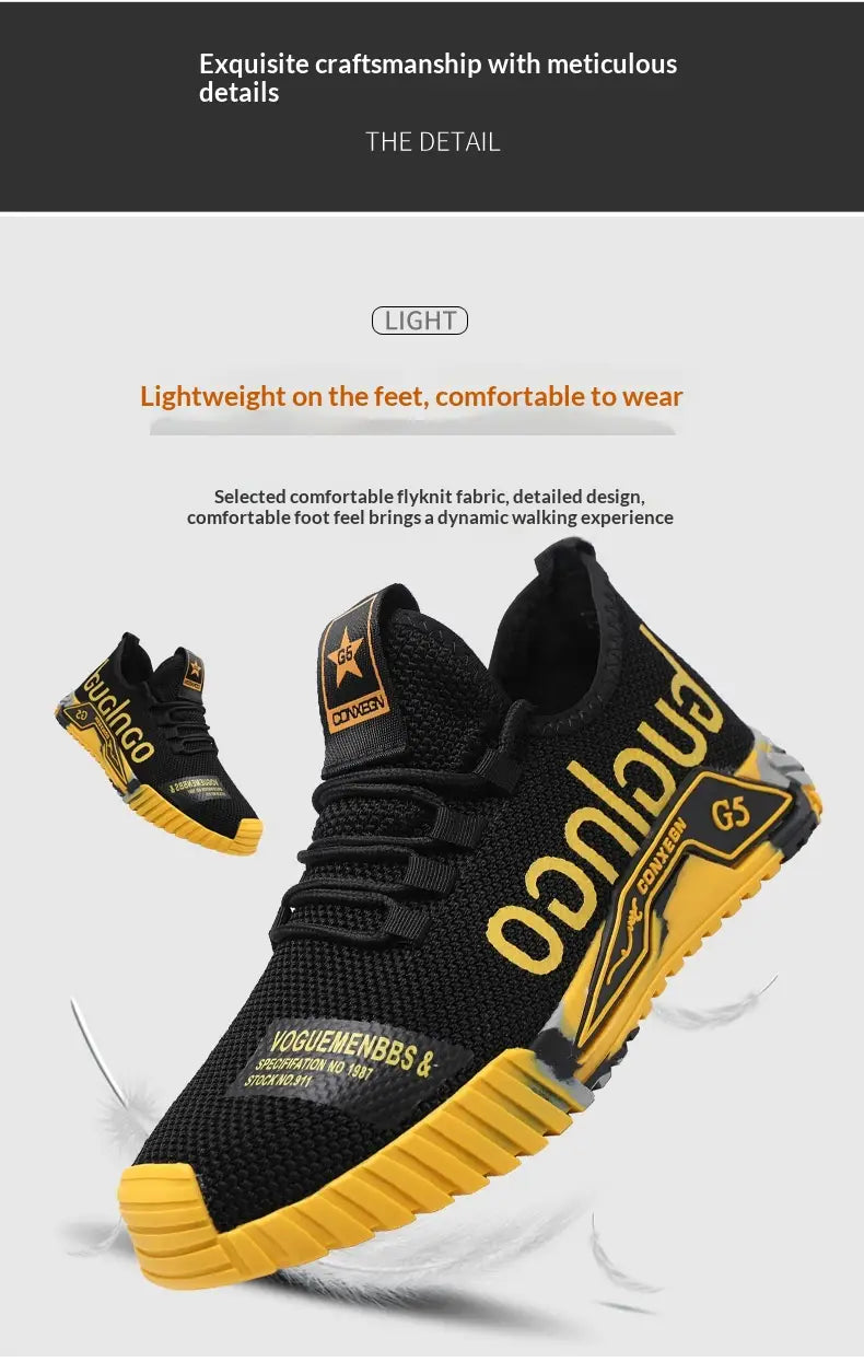 Black and yellow casual sneaker Guglingo G5 lightweight mesh shoe with breathable flyknit upper bold gold lettering on the side and textured rubber sole.