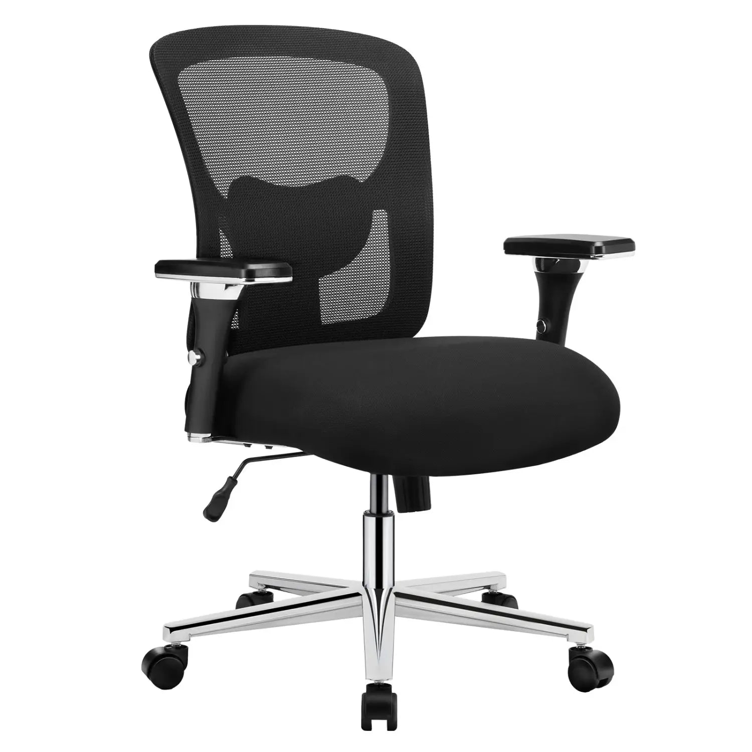 Black mesh big and tall office chair with chrome base and armrests designed for ergonomic support and 500lb capacity.