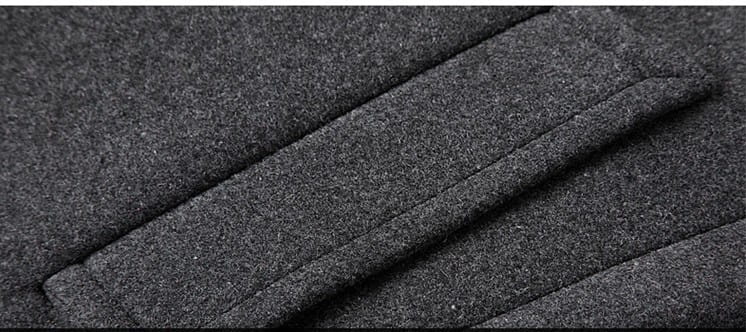 Men slim woolen trench coat in dark gray featuring a textured, slightly coarse weave with visible seam lines.