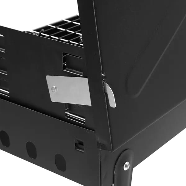 Black metal portable charcoal grill 44cm with a silver latch and ventilation slots made of steel for folding square BBQ use.
